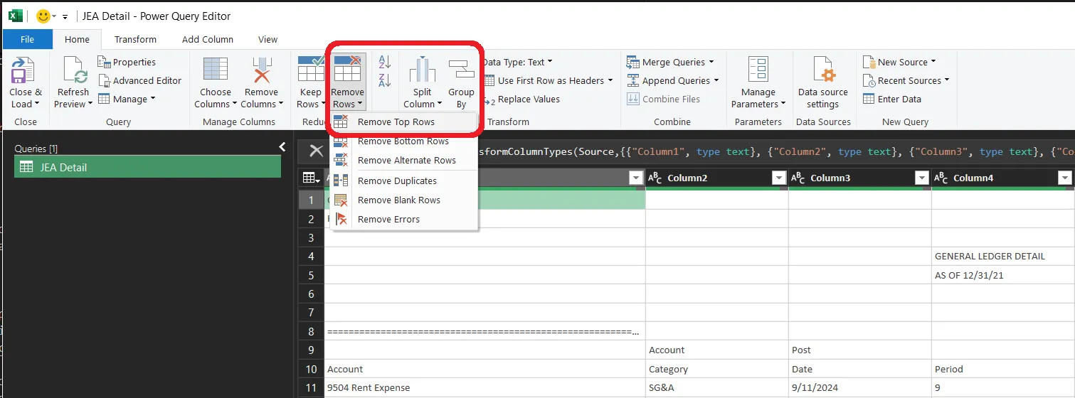 Screenshot: Remove top rows